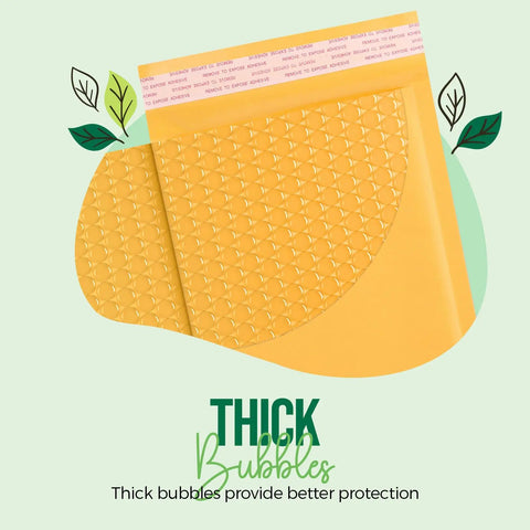 Yellow Kraft Padded Bubble Mailer 6x10 Inch Pack Of 100 showing thick bubble protection and recyclable kraft paper