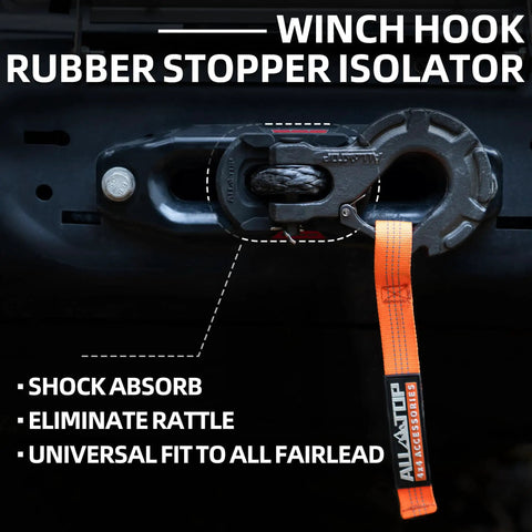 Heavy Duty 9/16 Inch 76 Foot Synthetic Winch Rope Kit with hook isolator and rubber stopper attached to fairlead