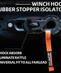 Heavy Duty Synthetic Winch Rope Kit Half Inch By Ninety Two Feet With Forged Hook Isolator Rubber Stopper And Safety Pull Strap 31500 Lbs Break Strength UHMWPE Braided 12 Strand Cable Replacement visible with orange pull strap and rubber stopper