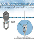 Stainless steel pulley with 360-degree rotation on Backyard Dog Zipline Kit With 100 Ft Run Line And Trolley for safe outdoor play.