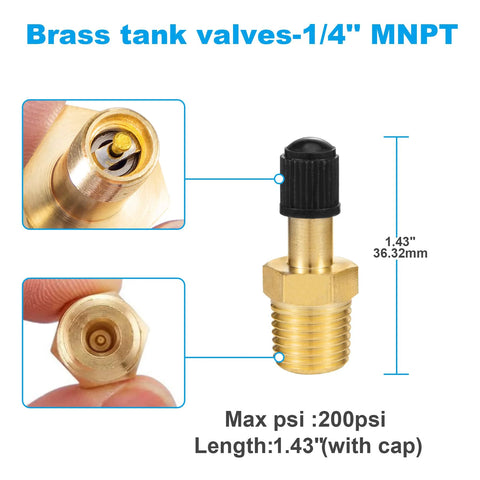Front view Breezliy 1/4-inch brass Schrader inflation valve with push-to-connect for 1/4-inch OD air line; 1.43" long.