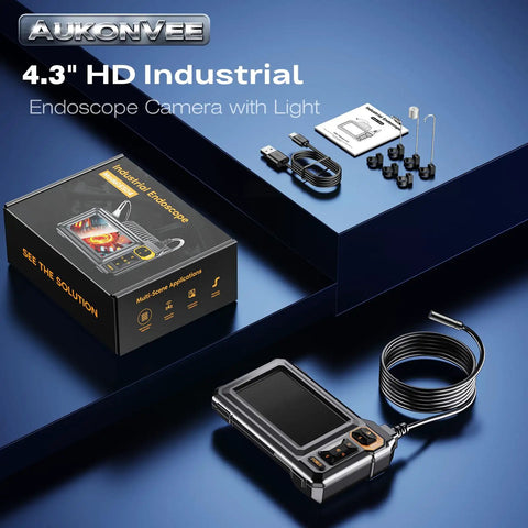 Endoscope Camera With Light 1920P HD Borescope Inspection Camera 4.3 Inch IPS Display IP67 in packaging with accessories.