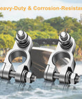 Knockout Battery Terminal Connector Kit With 2 Gauge Copper Lugs And Heat Shrink Sleeves Plus Anti Corrosion Washers For Cars Boats And Trucks Built Rugged For Straight Swap Guaranteed Juice, featuring heavy-duty metallic connectors.