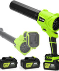 Cordless Leaf Blower 21V Powerhouse with Six Speed Control, 980000 RPM, handheld, green, dual 4Ah batteries and charger.