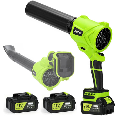 Cordless Leaf Blower 21V Powerhouse with Six Speed Control, 980000 RPM, handheld, green, dual 4Ah batteries and charger.