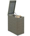 Weatherproof 17.3 Gallon Wicker Storage Box With Slatted Acacia Wood Flip Top For Indoor And Outdoor Use Cushions Pool Gear Garden Tools UV Resistant Gray with open lid showing interior storage.