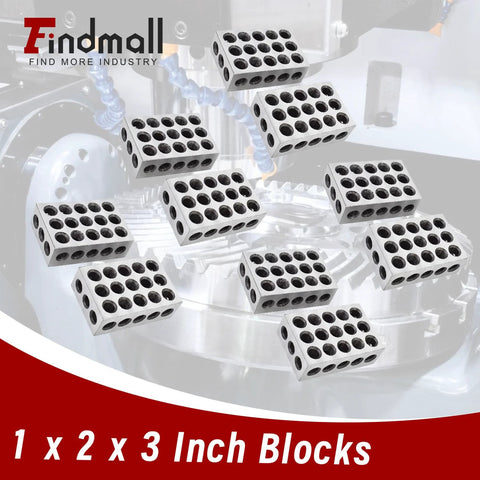 Findmall steel machinist blocks, 1 x 2 x 3 inch, with 23 holes, front view.
