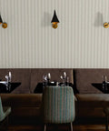 Interior view of a restaurant showcasing Botanical Stripe Vinyl Wallpaper With Subtle Leather Texture And Dang Durable Type Two Commercial Grade Wallcovering.