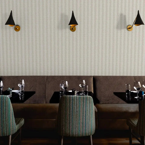 Interior view of a restaurant showcasing Botanical Stripe Vinyl Wallpaper With Subtle Leather Texture And Dang Durable Type Two Commercial Grade Wallcovering.