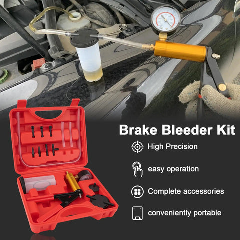 All In One Brake Vacuum Pump Kit With Hand Bleeder And 30 InHg Gauge For Easy Brake Fluid Bleeding And System Testing on car hood