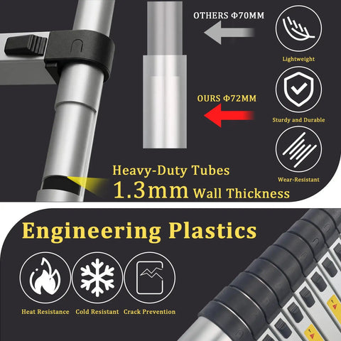 20.3 Ft Aluminum Telescoping Ladder With Stable Hooks, Heavy Duty 330 Lb Capacity, Multi Purpose Foldable Extension Ladder For Home, RV Or Outdoor Work, Lightweight Yet Sturdy, Anti Slip Feet For Safer High Reach, 1.3mm wall thickness