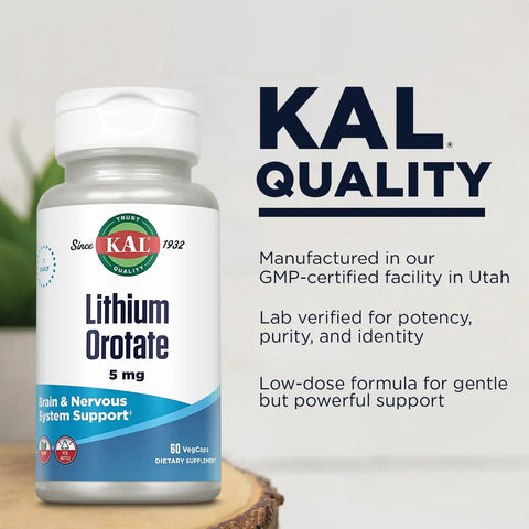 Front view of Lithium Orotate 5mg Chelated Supplement For Mood Support And Better Bioavailability In Organic Rice Bran Extract Base 60 Veg Caps Vegetarian Friendly Plus bottle with branding and product details.