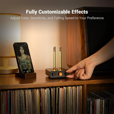 Music Visualizer With Spectrum Analyzer And Vintage Tube RGB Ambient Light For Desktop Home Stereo System Microphone Voice Pickup And Volume Display Adjustable Sensitivity For A Party Vibe And Immersive Audio Visual Experience, metal desktop unit