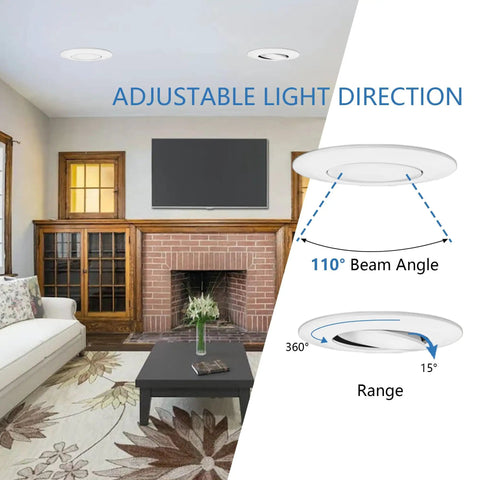 Jolux 6 Pack 5/6 Inch 5CCT LED Can Light Gimbal Retrofit Downlight in living room, showcasing adjustable beam and modern design.