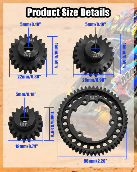 Beefed Up Hardened Steel Spur Gear Set With 18T 20T And 22T Pinions For X Maxx One Fifth, XO One, One Tenth Maxx And E Revo Two Point Zero VXL Replaces 6447 54T Transmission Upgrade, size details