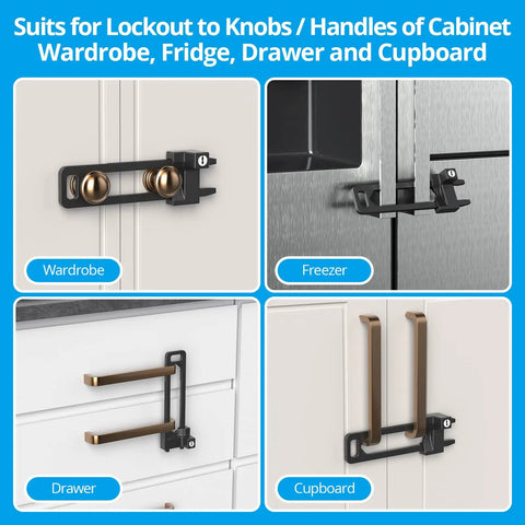 Solid Kidproof Cabinet Lock Two Pack Key Alike With Four Heavy Duty Keys Quick Grip Baby Proof Drawer Latch on wardrobe and freezer.