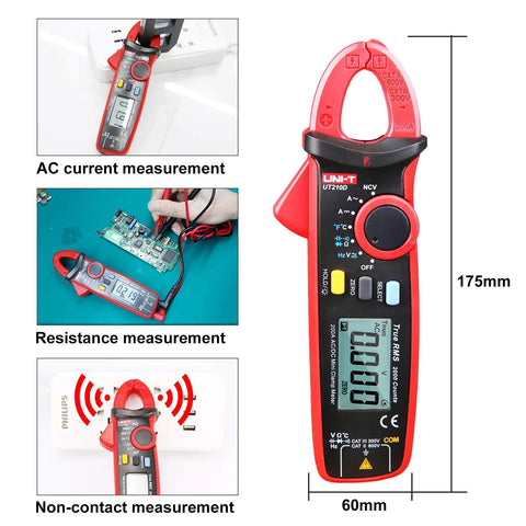 Compact Digital Clamp Meter 200A True RMS AC DC Current Tester With Voltage Frequency Temperature Resistance and Diode Test, red