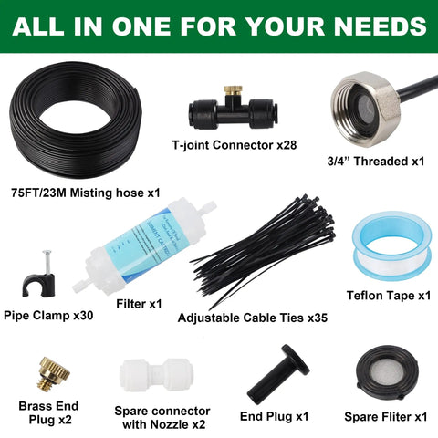 Components of Outdoor Misting System for Patio Cooling 75Ft Water Mister Hose Kit with Brass Nozzles Portable Mist System