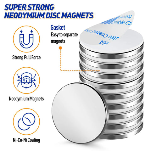 8-pack neodymium disc magnets, 1.18 in diameter x 0.12 in thick, Ni-Co-Ni coating with double-sided adhesive