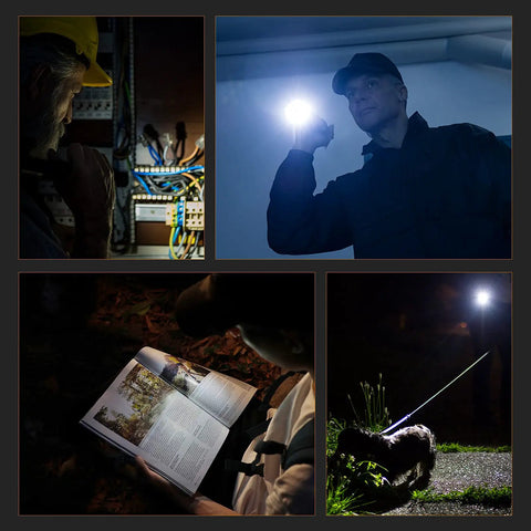 Powerful 2000 Lumen Pocket Flashlight with SST40 LED used for hiking, dog walking, reading, and electrical work at night.