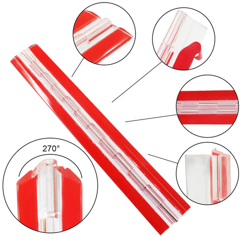 Two Pack 300 By 45mm Acrylic Piano Hinges With Stainless Steel Core Shaft, close-up of red acrylic and steel continuous hinge