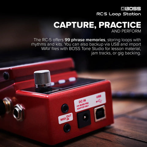 RC-5 Loop Station: Compact Pedal for Next-Level Looping, 32-Bit AD-DA and Floating-Point Processing, close-up of MIDI and USB ports.