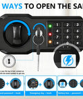 Compact 1.3 Cu Ft Home Safe Box Fireproof And Waterproof With Digital Keypad Spare Keys Removable Shelf Anti Theft Security For Hidden Cabinet Or Bedroom Money Valuables And Documents close-up with three access methods shown.