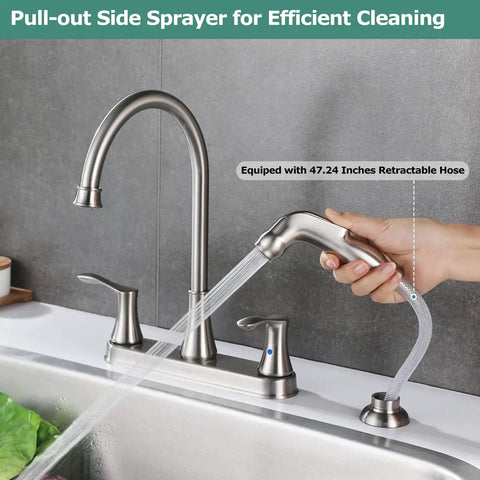 8 Inch High Arc Kitchen Faucet With Dual Handles And Side Sprayer Brushed Nickel 3 Hole Centerset Easy Install 360 Degree Swivel Spout