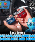 Person holding Sticky Icky Car Cleaning Gel with green apple and strawberry scent in a car interior
