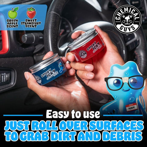 Person holding Sticky Icky Car Cleaning Gel with green apple and strawberry scent in a car interior