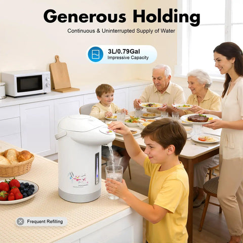Heavy Duty Three Liter Hot Water Dispenser Serving Top Tier Auto And Manual Pouring Lines clean line tabletop, family gathering use.