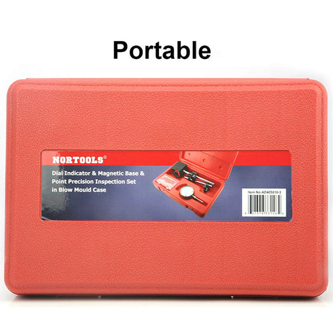NORTOOLS dial indicator with magnetic base and point precision inspection set in red blow-mold case