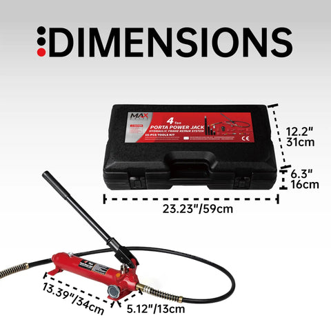 Image showing 4 Ton Porta Power Hydraulic Ram Jack Kit 8800 Lbs Capacity tools in case with dimensions for collision repair.