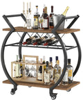 Smooth Rolling Industrial Bar Cart With Spacious Wooden Shelves And Rock Solid Wheels For Your Kitchen Or Lounge Space Chilled Beverage Serving Station displaying bottles and glasses on wooden shelves.