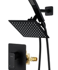 Matte Black Shower Faucet Set With Dual Square Heads And Handheld Wand No-Fuss Complete Kit With Diverter Hose And Pressure Balance Rough-In Valve For Easy Install, showing dual heads and valve
