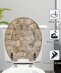 Round Stone wall Toilet Seat with textured stone design, sturdy metal hinges, easy installation on a white toilet.