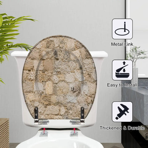 Round Stone wall Toilet Seat with textured stone design, sturdy metal hinges, easy installation on a white toilet.