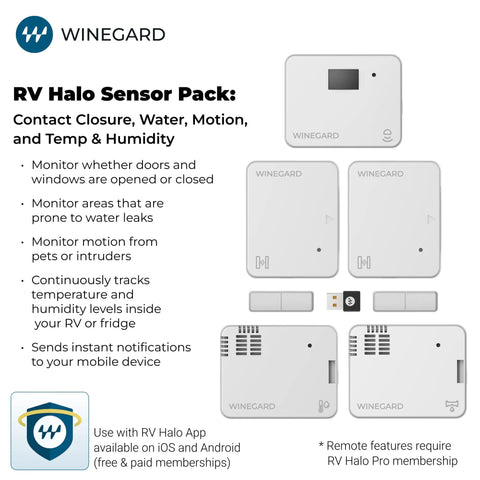 RV Halo Sensor Pack With Bluetooth Multi Sensor Kit For Real Time RV Monitoring, Includes Door Sensors, Temperature And Humidity, Water Leak Detection, And PIR Motion Sensors For Halo Smart System