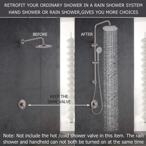 Before and after of a shower with J350 BN Brushed Nickel Retrofit Shower System With 3 Function Handheld Showerhead Kit