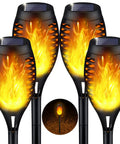 Four Pack Solar Tiki Torches With Flickering Flame For Outdoor Garden Decor, waterproof LED solar pathway lights