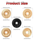 All In One Wood Carving Disc Set For Angle Grinder Five Piece Kit With Four Inch And Four And A Half Inch Shaping Wheels Five Eighth Inch Arbor High Speed Wood Grinding And Polishing Accessories showing disc dimensions.