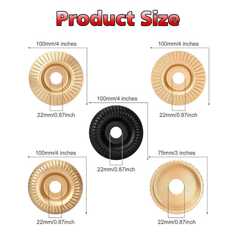 All In One Wood Carving Disc Set For Angle Grinder Five Piece Kit With Four Inch And Four And A Half Inch Shaping Wheels Five Eighth Inch Arbor High Speed Wood Grinding And Polishing Accessories showing disc dimensions.