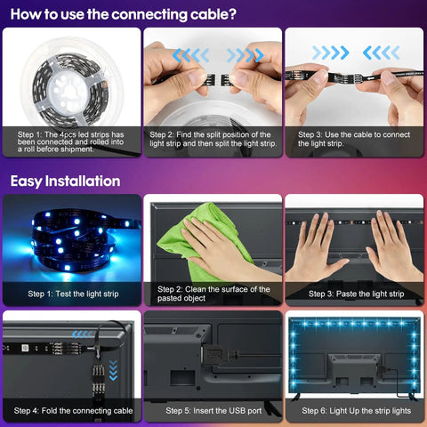Instructions for installing USB RGB LED Strip Lights Kit With Remote 4 Pre Cut 1.64Ft And 6.56Ft Strips for TV and PC setup