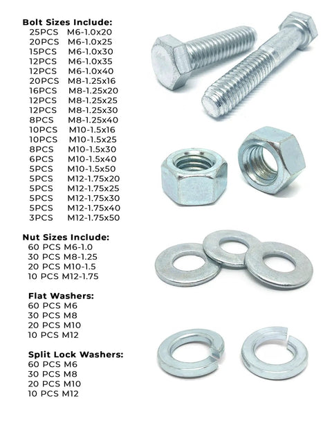 Hex Cap Screws Bolts Nuts And Washers All In One Assortment Kit, 575 Pieces, Class 10.9 Zinc Clear Finish, M6 M8 M10 M12, including steel tray
