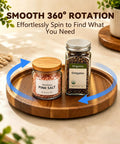 Ten Inch Solid Acacia Wood Lazy Susan With Smooth 360 Swivel Base For Kitchen Counter Organizer Spice Rack Turntable with jars on tray.