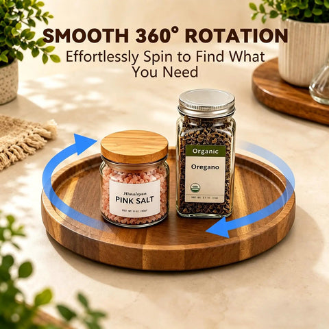 Ten Inch Solid Acacia Wood Lazy Susan With Smooth 360 Swivel Base For Kitchen Counter Organizer Spice Rack Turntable with jars on tray.