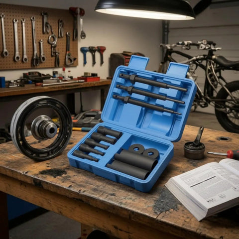 Heavy Duty 12 Piece Internal Bearing Puller Tool Kit open in blue case with 45 steel rods, adapters and sleeves on workbench