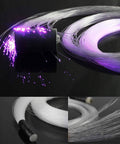 End Glow PMMA Fiber Optic Cable Strands Roll, 100 Pieces, 0.03 Inch Diameter, illuminated strands in purple light.