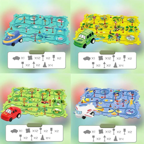 4 In 1 Puzzle Racer Car Track Set For Kids with four colorful theme raceway playsets and four toy cars displayed