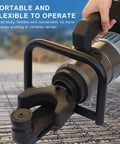 Heavy Duty Portable Electric Hydraulic Rebar Bender Machine 1800 Watt Handheld Rebar Bending Tool close-up of handle and bending jaws.